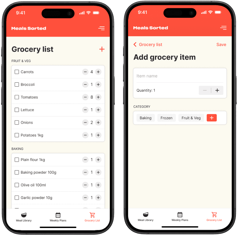 Screenshot of grocery lists