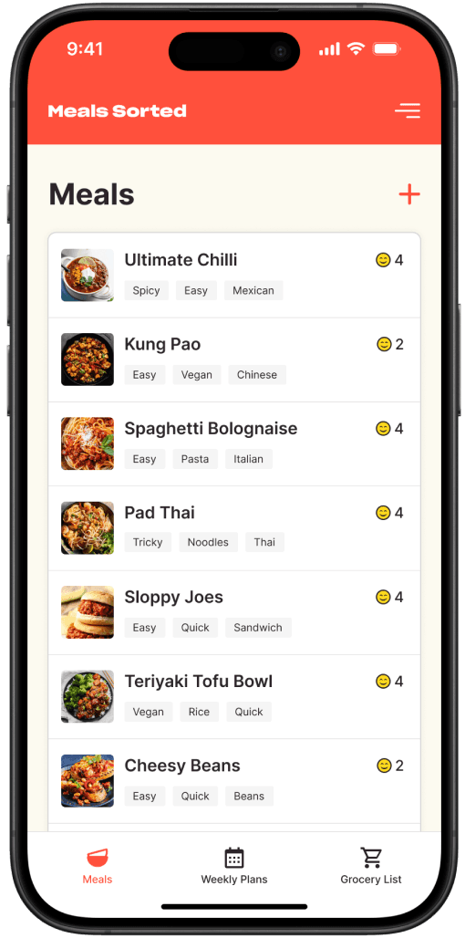 Screenshot of meals list